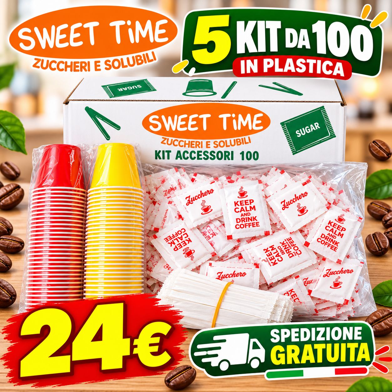 5 Kit Accessori Caffè in Plastica 100 pezzi
