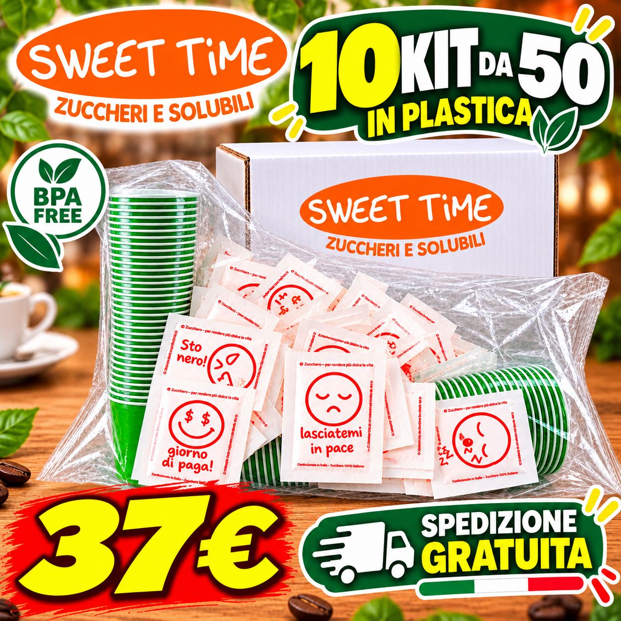 10 Kit Accessori Caffè in Plastica  50 pezzi