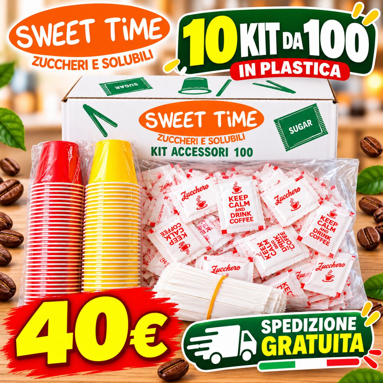 10 Kit Accessori Caffè in Plastica 100 pezzi