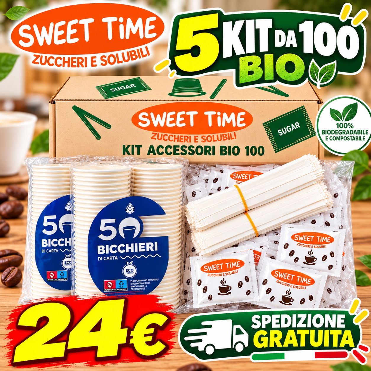 5 Kit Accessori Caffè Bio 100 pezzi