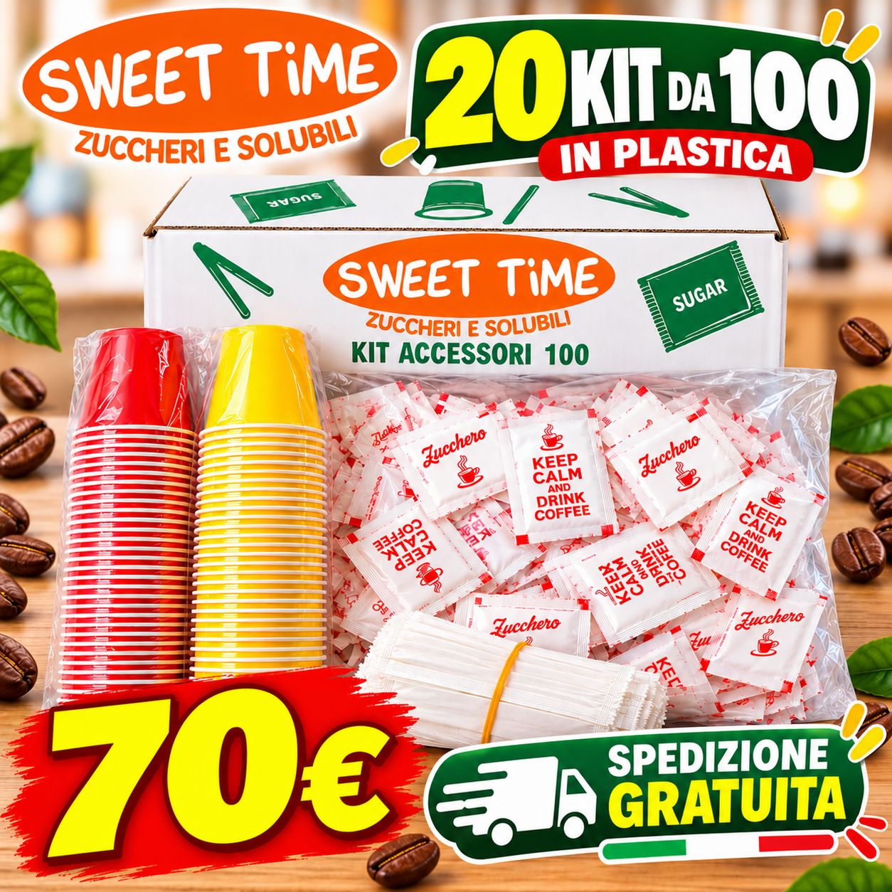 20 Kit Accessori Caffè in Plastica 100 pezzi