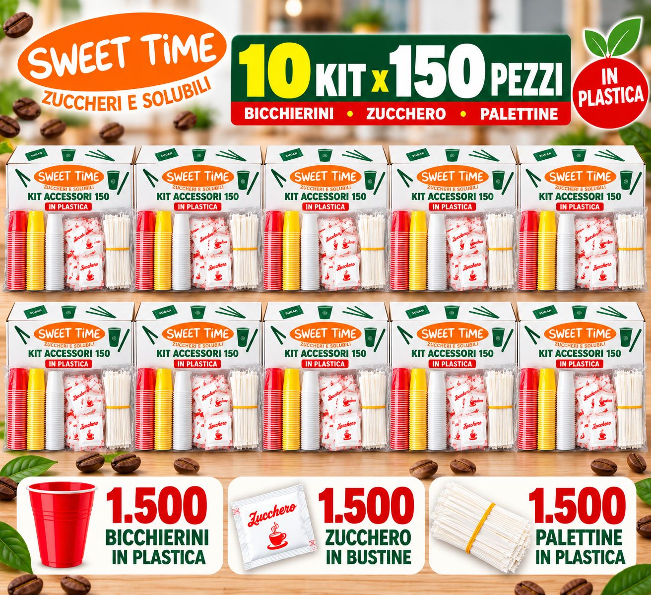 10 Kit Accessori Caffè 150 pezzi in Plastica