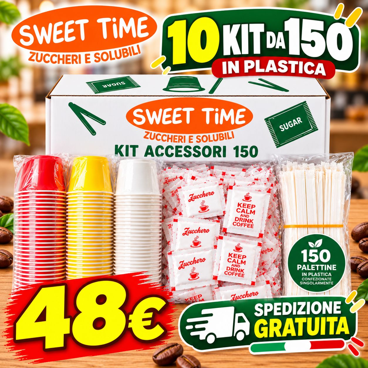 10 Kit Accessori Caffè in Plastica 150 pezzi