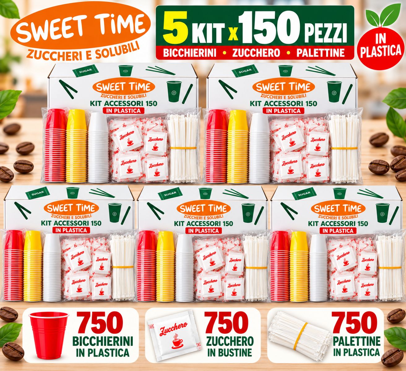5 Kit Accessori Caffè 150 pezzi in Plastica 5 Kit Accessori Caffè 150 pezzi in Plastica