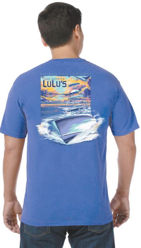 Sunset Power Boat Pocket Tee, Color: Flo Blue, Size: SM