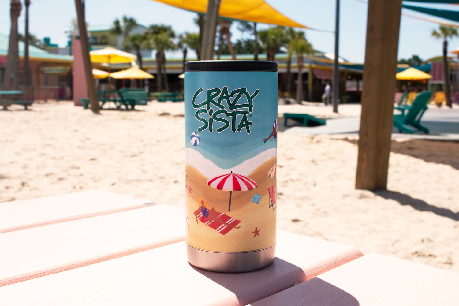 Crazy Sista Skinny Can Koozie Beach Scene