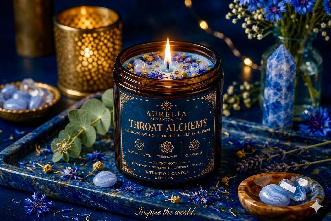 Throat Alchemy Ritual Candle | Throat Chakra Crystal Candle for Communication &amp; Confidence