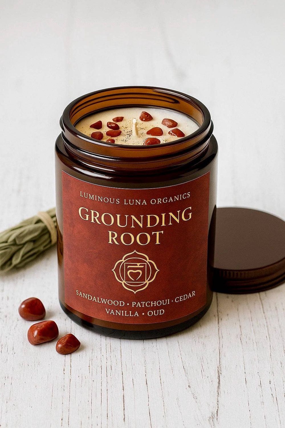 Root Chakra Candle: Essential Oil Blend, Crystals, Soy Wax (8 Oz)