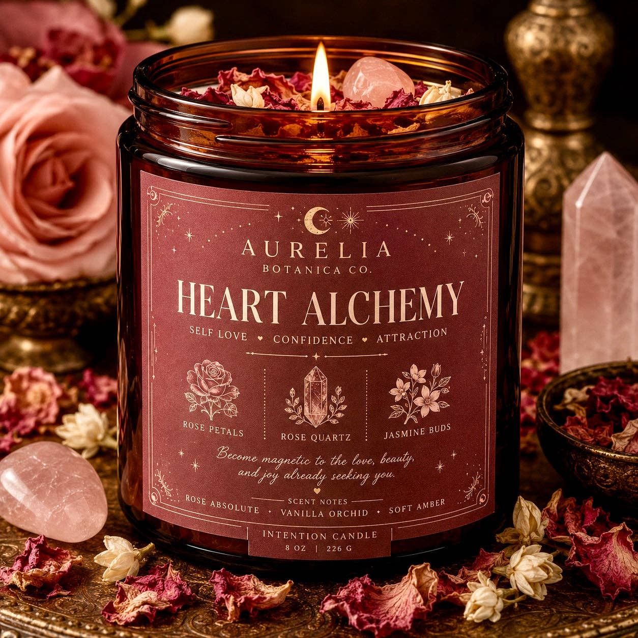 Heart Alchemy: Self Love Intention Candle | Crystal &amp; Botanical Infused Soy Candle