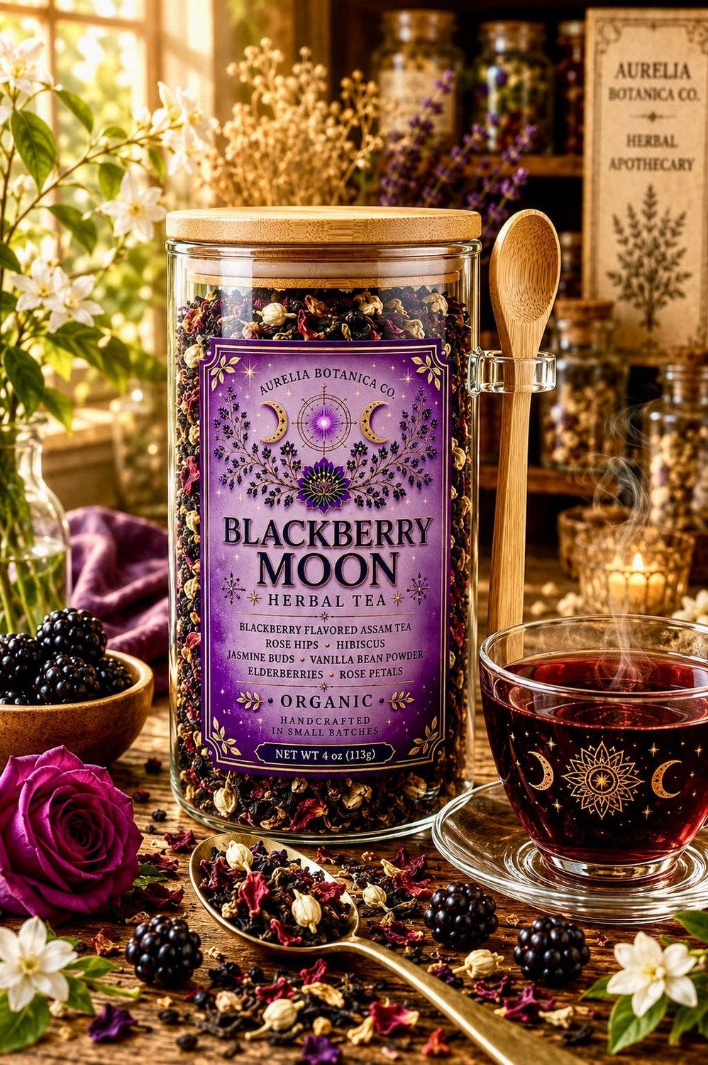 Blackberry Moon Tea | Blackberry Flavored Assam Tea with Rose Hips, Hibiscus &amp; Jasmine | Aurelia Botanica Co.