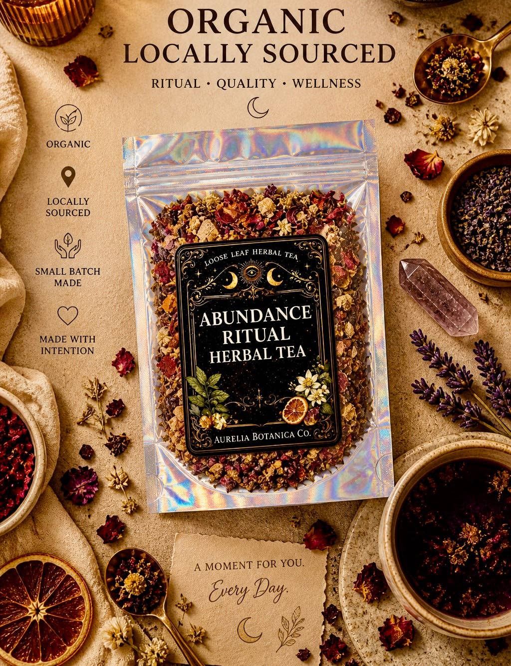 Abundance Ritual Herbal Tea | Loose Leaf Botanical Tea | Caffeine-Free Cozy Intention Tea | Handcrafted Herbal Blend, Size: small pouch 2 oz
