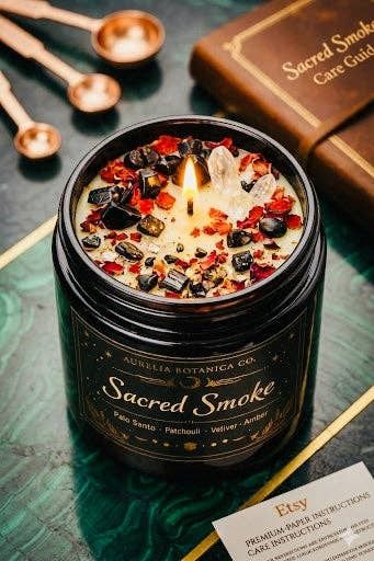 Sacred Smoke Protection Ritual Candle – Palo Santo Patchouli Crystal Candle