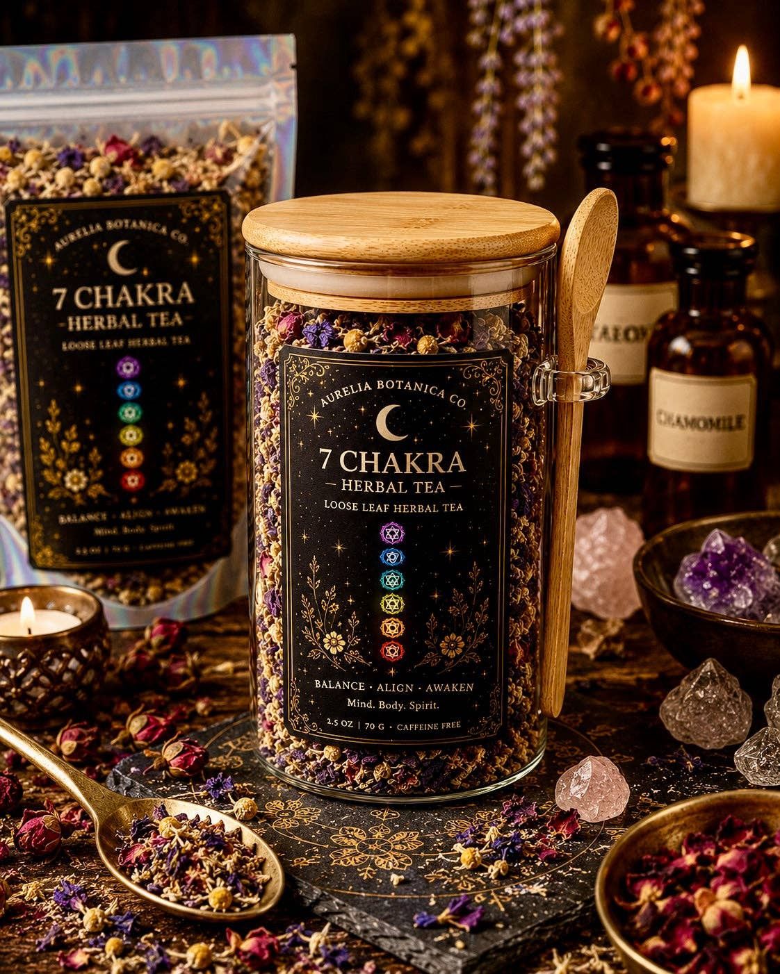 Chakra Balancing Loose Leaf Herbal Tea for Ritual &amp; Meditation | Spiritual Tea Blend for Mindfulness, Energy Cleansing Intentional Living, Size: Apothecary Jar