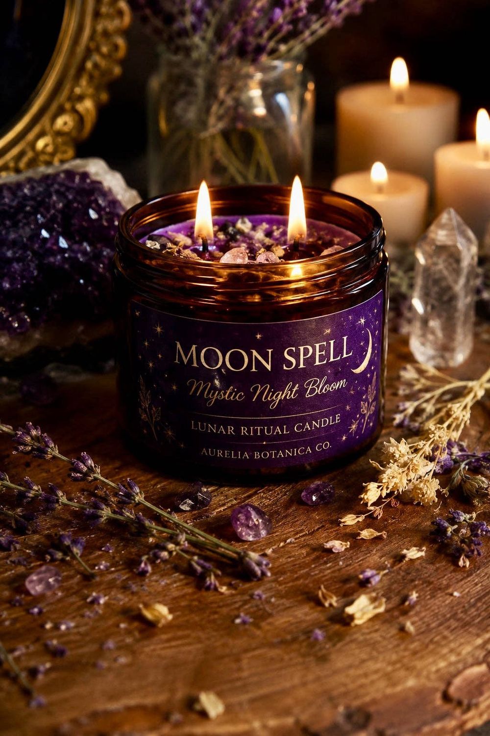 Moon Spell Ritual Candle | Purple Lunar Candle with Amethyst &amp; Obsidian | Witchy Gift | Celestial Decor