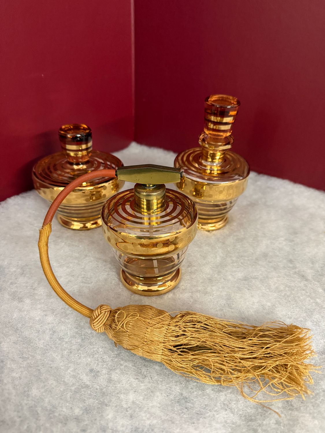 Vintage Art Deco kaptafelset – Amberglas &amp; Goud – 3-delig