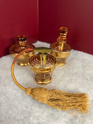Vintage Art Deco kaptafelset – Amberglas &amp; Goud – 3-delig
