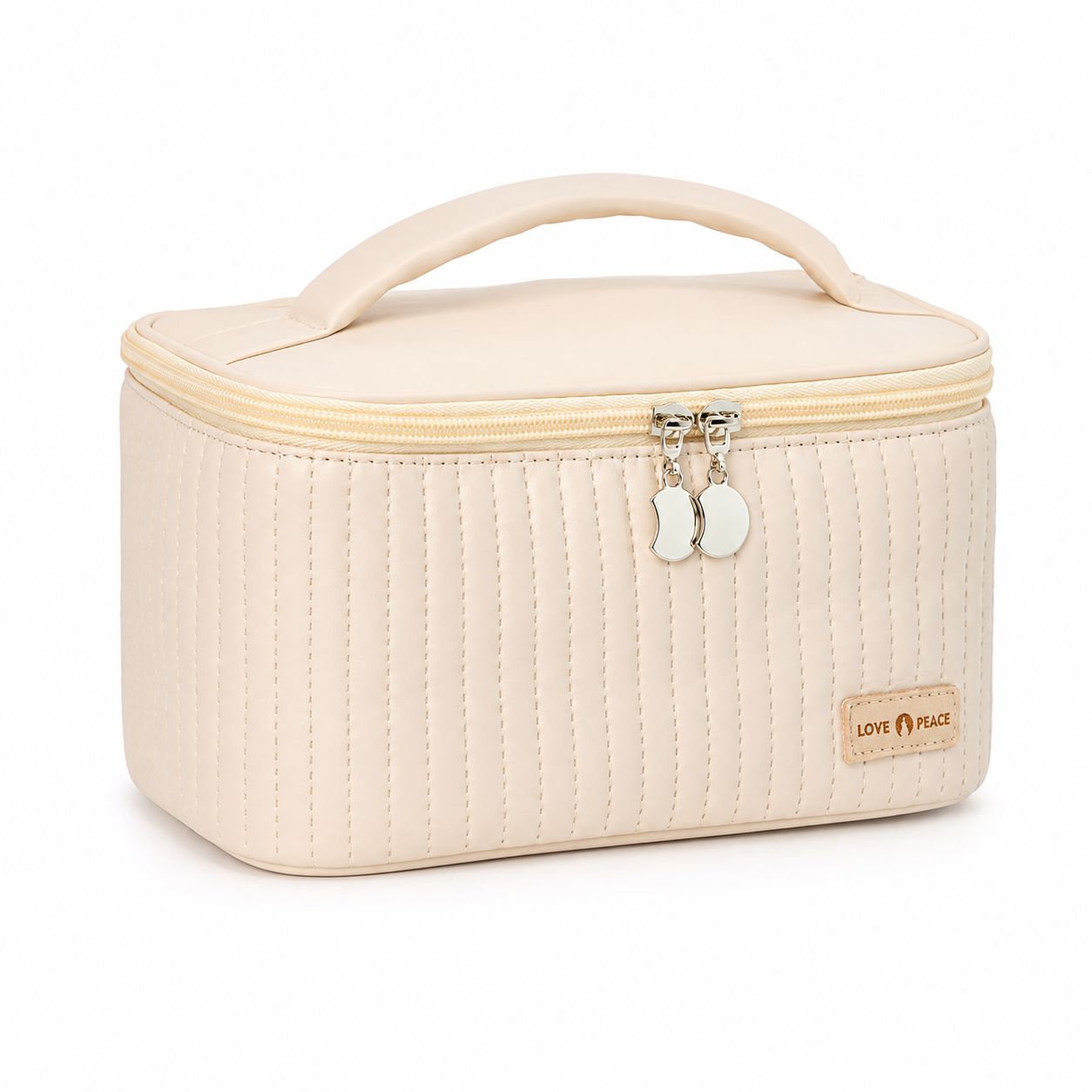 Kosmetyczka podróżna XXL Kuferek na kosmetyki Miękka skóra PU Organizer z uchwytem Beżowa 21x13,5x12 cm