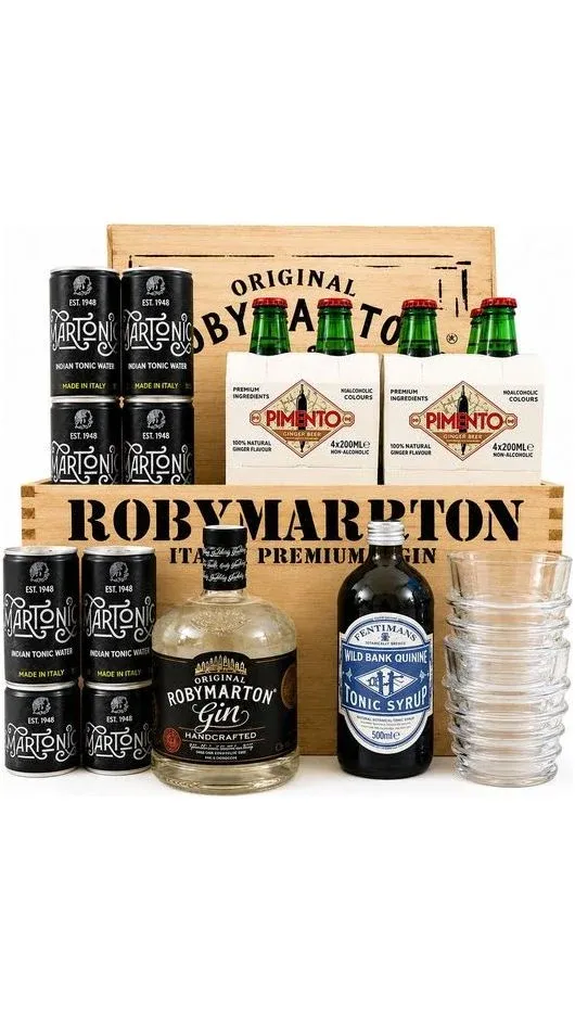 Cassa RobyMarton All In One – Gin 70 cl + 8 Martonic + 8 Pimento + Tonic