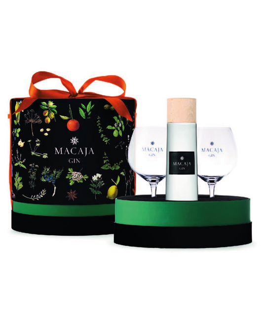 Macaja Gin — Cappelliera Nera con 2 Calici — 50 cl