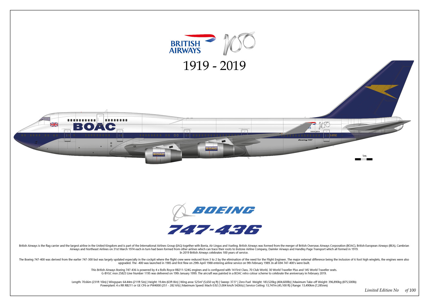 Boeing 747-400 British Airways 100th Anniversary G-BYGC - Limited Edition - Print