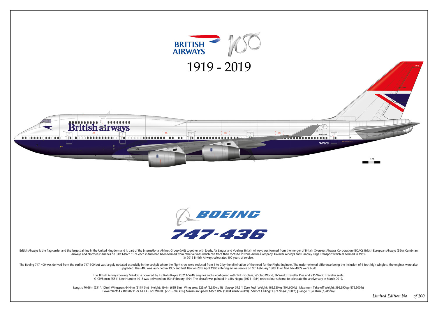 Boeing 747-400 British Airways 100th Anniversary G-CIVB - Limited Edition - Print