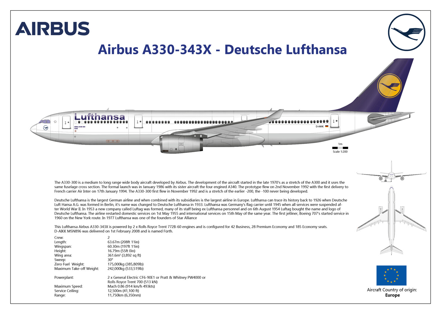 D-Aiki mit Ständer JFOX JFA330004 1/200 Lufthansa Airbus A330-343 Reg 