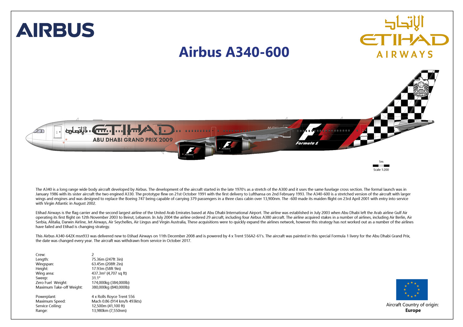 Airbus A340-600 of Etihad Airlines in F1 Livery - Layout B