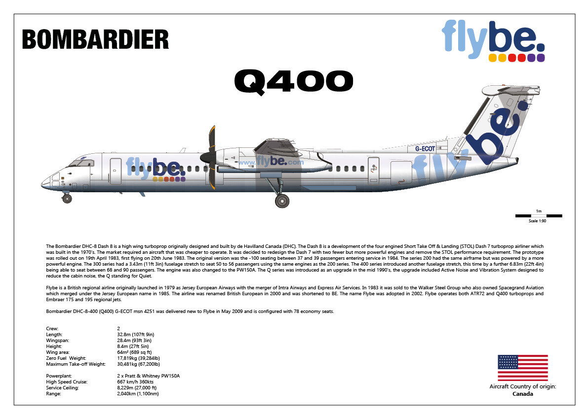 Bombardier Q400 of Flybe - G-ECOT, Print Size: A3 (420 x 297mm 16.5 x 11.7inches), Print Layout: Layout A