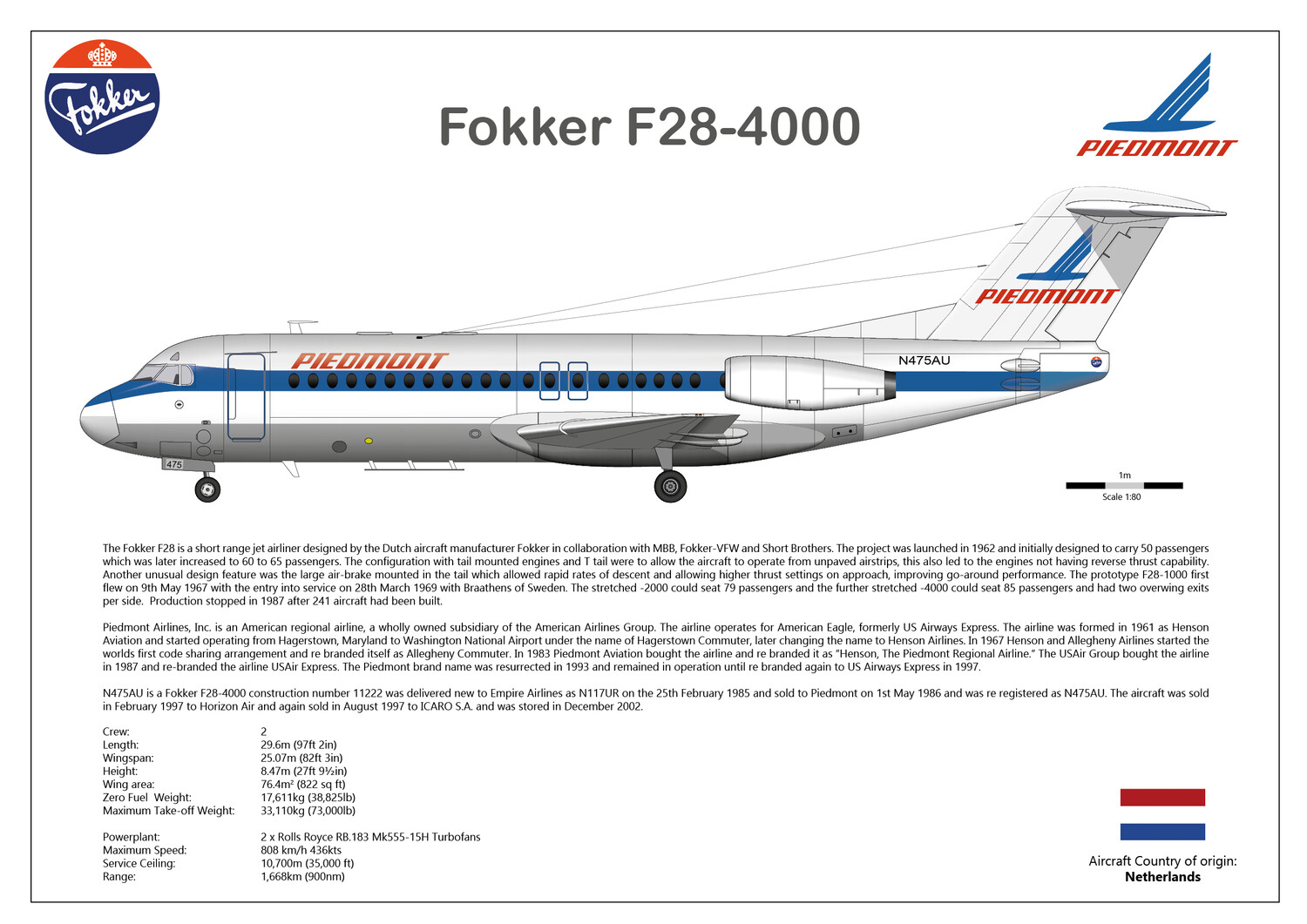 Fokker F28-4000 of Piedmont Airlines - Layout B