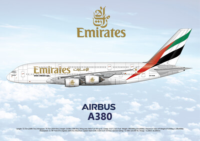 Airbus A380-861 of Emirates - A6-EUN, Print Size: A3 (420 x 297mm 16.5 x 11.7inches), Layout: With just aircraft leading particulars