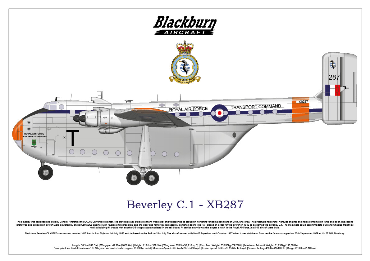 Blackburn Beverley C.1 XB287 of 47Sqn - RAF, Print Size: A3 (420 x 297mm 16.5 x 11.7inches), Layout: Layout A