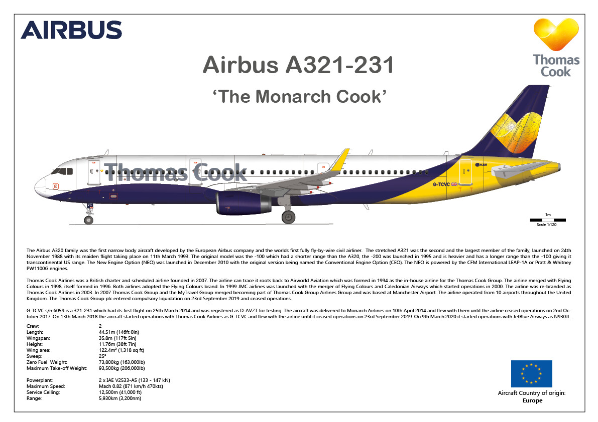 Airbus A321 of Thomas Cook G-TCVC, Print Size: A3 (420 x 297mm 16.5 x 11.7inches), Print Layout: Layout A