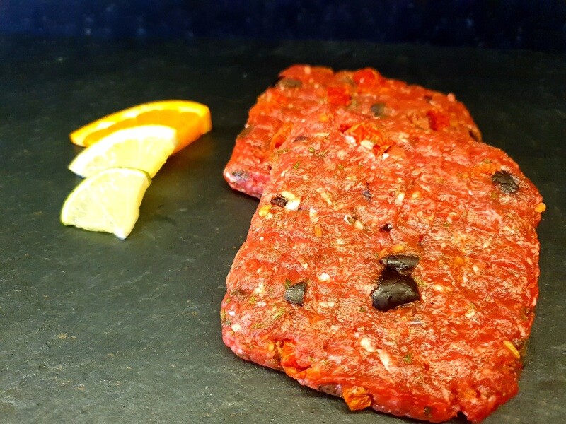 Burger de boeuf & porc - olives, tomates (environ 100gr.) (Suisse)
