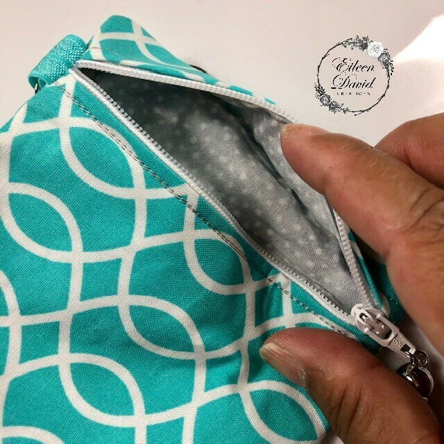 Zipper Bag with Tab &amp; Clasp #4 TEAL W WAVY LINES