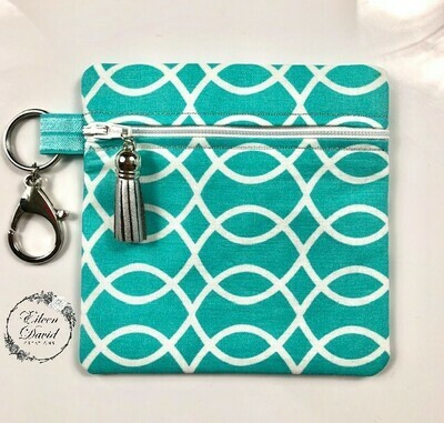 Zipper Bag with Tab &amp; Clasp #4 TEAL W WAVY LINES