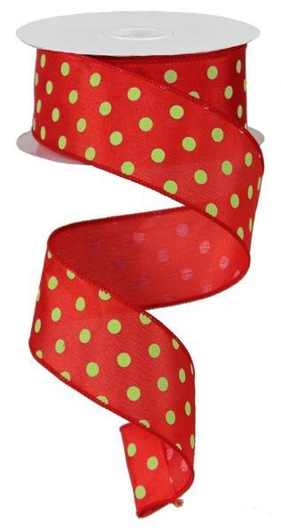 Red with Small Lime Polka Dot - Wired Ribbon