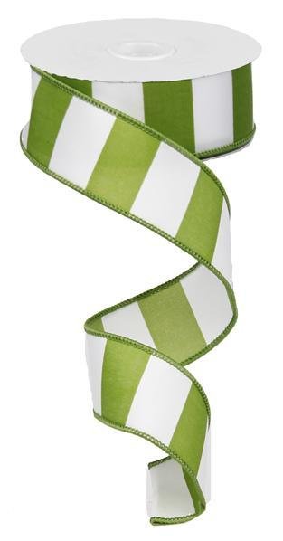 Lime Green and White Wide Stripe Wired Ribbon