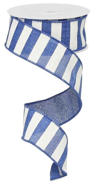 Royal Blue and White Horizontal Striped Wired Ribbon