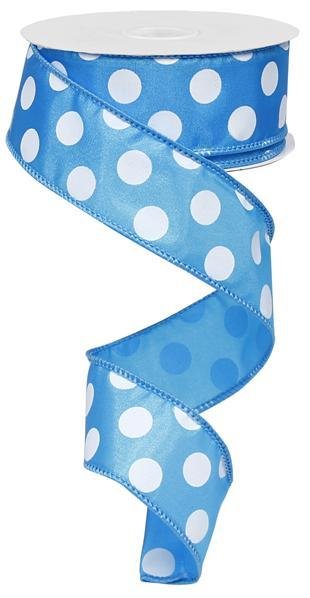 Turquoise Blue with White Medium Polka Dots Wired Ribbon