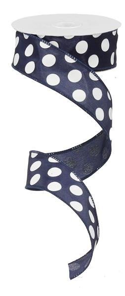 Navy Blue with White Medium Polka Dots Wired Ribbon