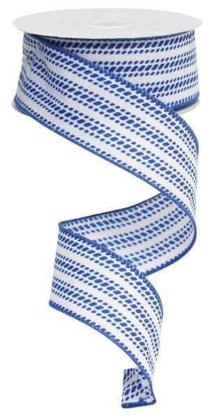 Royal Blue and White Dash Vertical Stripe Wired Ribbon