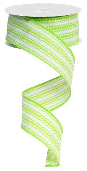 Lime Green and White Dash Vertical Stripe Wired Ribbon