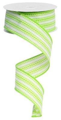 Lime Green and White Dash Vertical Stripe Wired Ribbon