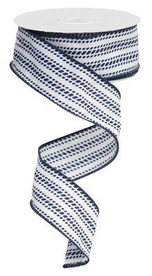 Navy Blue and White Dash Vertical Stripe Wired Ribbon