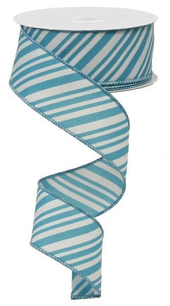 Turquoise/White - Mix Size Diagonal Lines Wired Ribbon
