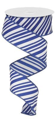 Royal Blue/White - Mix Size Diagonal Lines Wired Ribbon