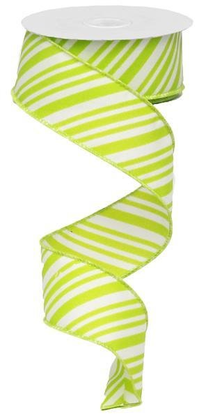 Lime Green/White - Mix Size Diagonal Lines Wired Ribbon