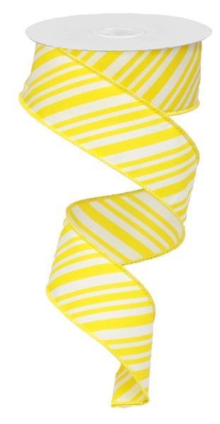 Yellow/White - Mix Size Diagonal Lines Wired Ribbon