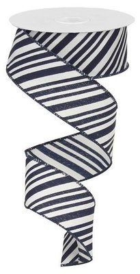 Navy Blue/White - Mix Size Diagonal Lines Wired Ribbon