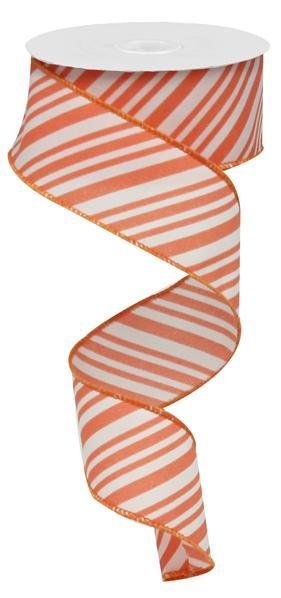 Coral/White - Mix Size Diagonal Lines Wired Ribbon